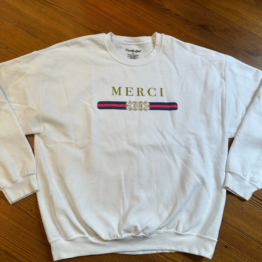 Popular Girl white Merci French graphic crew sweatshirt SIZE XL‎
